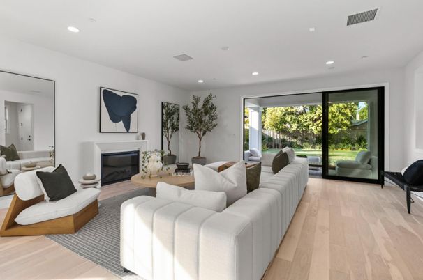 Fireplace, Interior, Living room, Recessed Lighting, Wood Texture Flooring