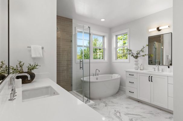 Bathroom, Dual Sink Vanities, Free Standing Baths, Glass Shower, Interior, Marble, Recessed Lighting