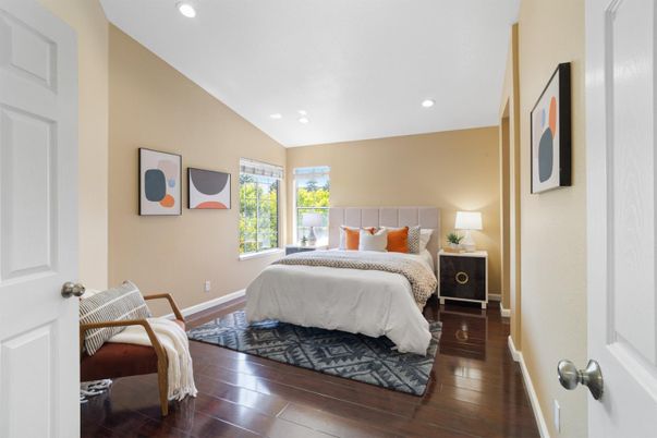 Bedroom, Interior, Recessed Lighting, Wood Texture Flooring