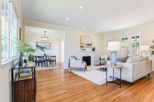 Dining room, Fireplace, Interior, Living room, Pendant Lights, Recessed Lighting, Wood Texture Flooring