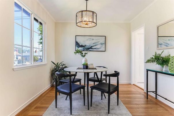 Dining room, Interior, Pendant Lights, Wood Texture Flooring