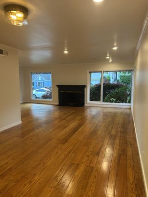 Empty room, Fireplace, Interior, Recessed Lighting, Wood Texture Flooring