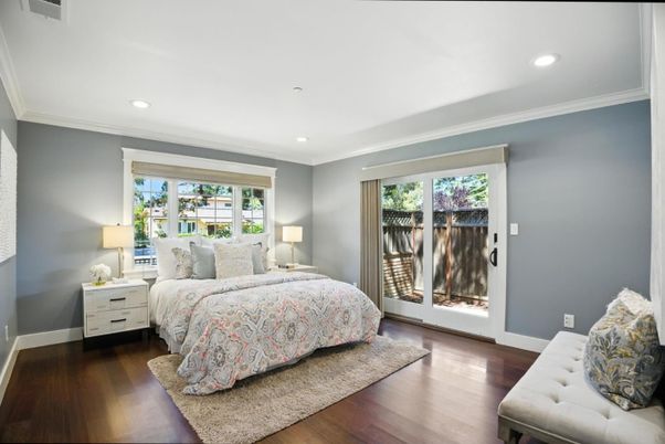 Bedroom, Interior, Recessed Lighting, Wood Texture Flooring