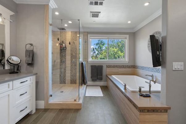 Bathroom, Glass Shower, Interior, Recessed Lighting, Wood Texture Flooring