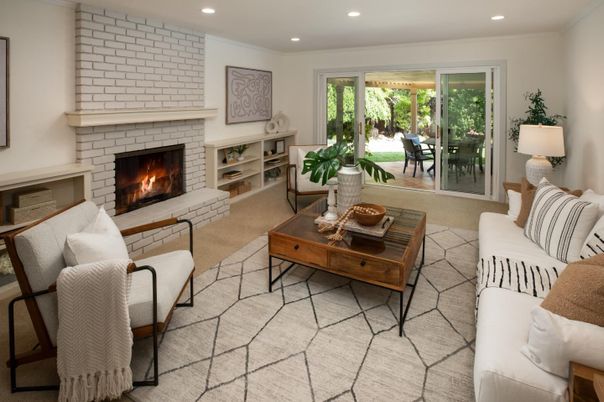 Dining room, Fireplace, Interior, Living room, Recessed Lighting, Stone Walls