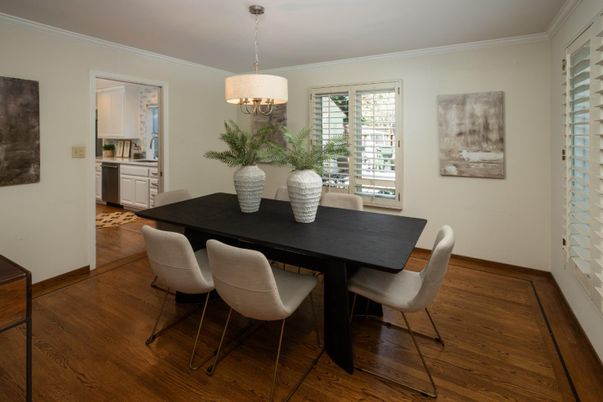 Dining room, Interior, Pendant Lights, Wood Texture Flooring