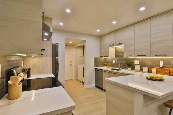 Interior, Kitchen, Recessed Lighting, Stainless Steel Appliances, Wood Texture Flooring