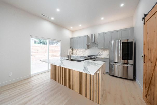 Interior, Kitchen, Recessed Lighting, Stainless Steel Appliances, Wood Texture Flooring