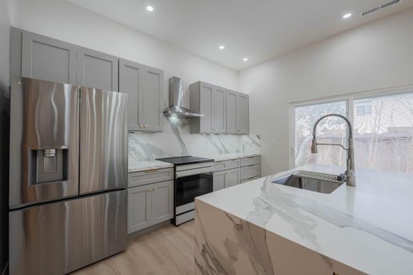 Interior, Kitchen, Recessed Lighting, Stainless Steel Appliances, Wood Texture Flooring