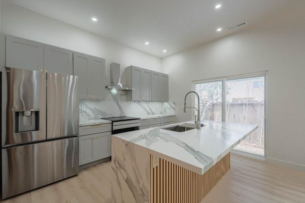 Interior, Kitchen, Recessed Lighting, Stainless Steel Appliances, Wood Texture Flooring