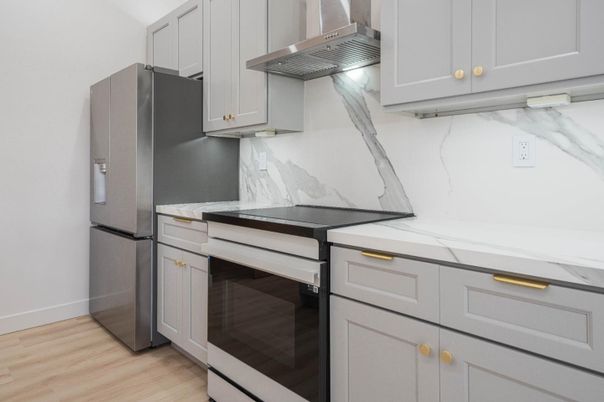 Interior, Kitchen, Marble Walls, Wood Texture Flooring
