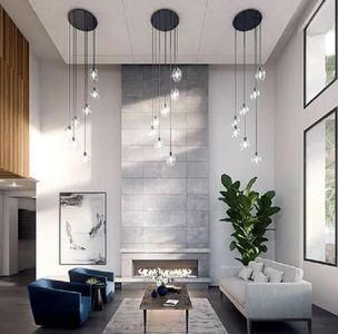 Fireplace, Interior, Living room, Pendant Lights, Wood Texture Flooring