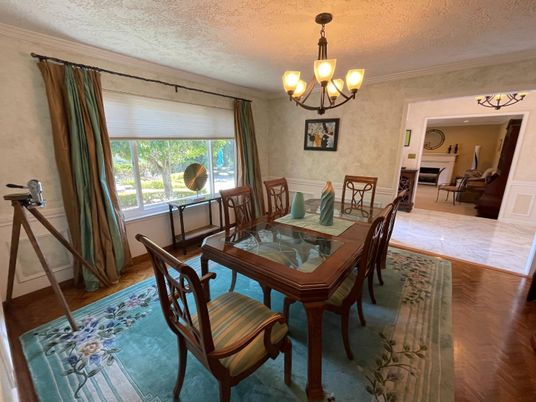 Chandelier, Dining room, Interior, Wood Texture Flooring