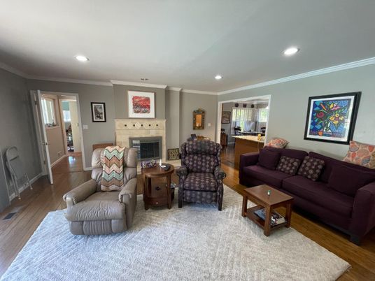Fireplace, Interior, Living room, Recessed Lighting, Wood Texture Flooring
