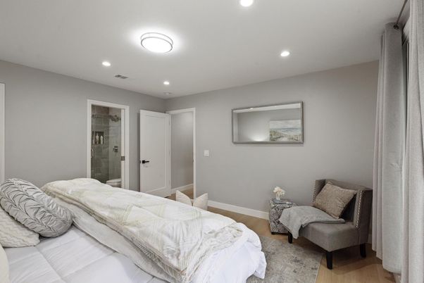 Bedroom, Interior, Recessed Lighting, Wood Texture Flooring