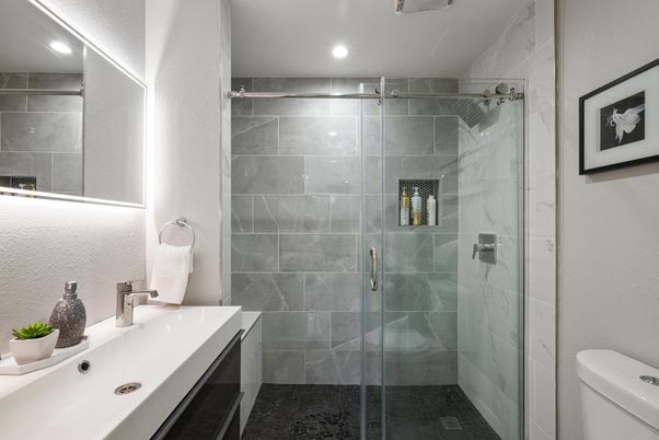 Bathroom, Glass Shower, Interior, Marble Walls, Recessed Lighting