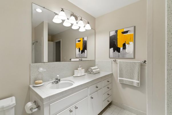 Bathroom, Dual Sink Vanities, Interior, Recessed Lighting, Tile Countertops