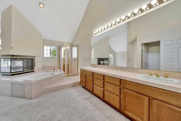 Bathroom, Dual Sink Vanities, Fireplace, Interior, Recessed Lighting, Tile Countertops