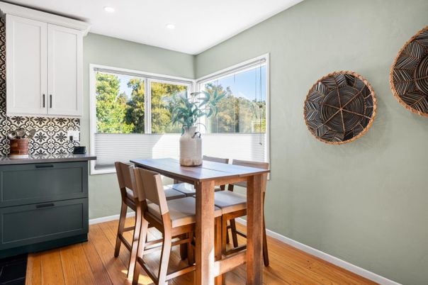 Dining room, Interior, Recessed Lighting, Wood Texture Flooring