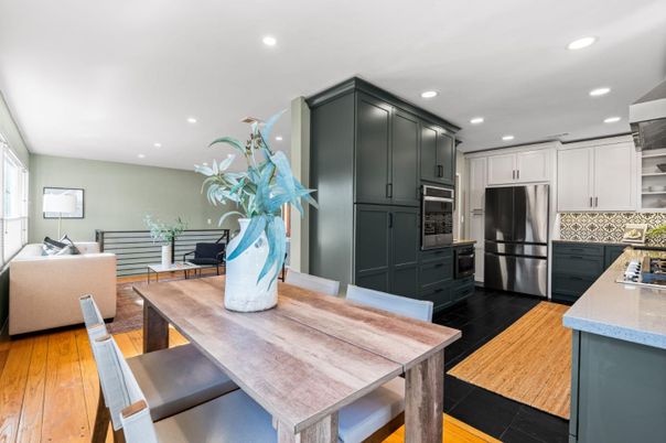 Dining room, Interior, Kitchen, Living room, Recessed Lighting, Stainless Steel Appliances, Wood Texture Flooring