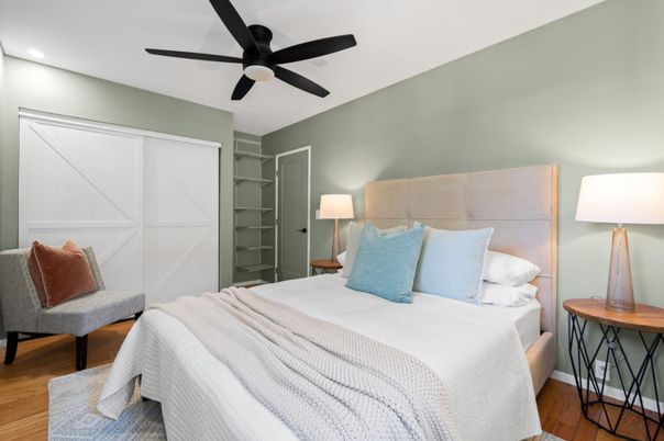 Bedroom, Interior, Recessed Lighting, Wood Texture Flooring