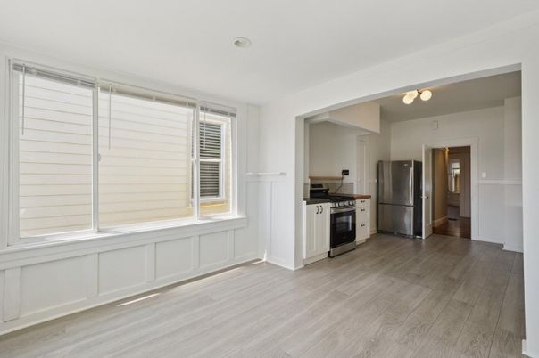 Empty room, Interior, Kitchen, Stainless Steel Appliances, Wood Texture Flooring