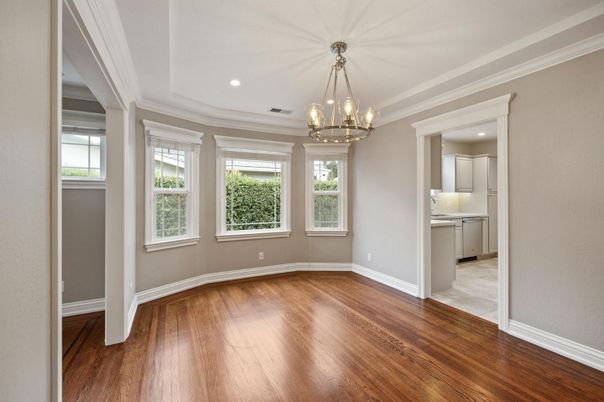 Empty room, Interior, Kitchen, Pendant Lights, Recessed Lighting, Wood Texture Flooring