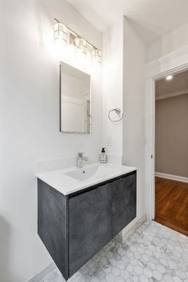 Bathroom, Interior, Marble, Recessed Lighting, Wood Texture Flooring