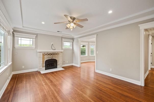 Empty room, Fireplace, Interior, Recessed Lighting, Wood Texture Flooring