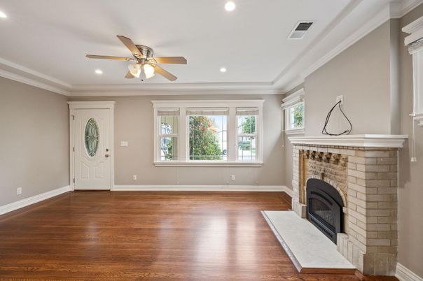 Empty room, Fireplace, Interior, Recessed Lighting, Wood Texture Flooring