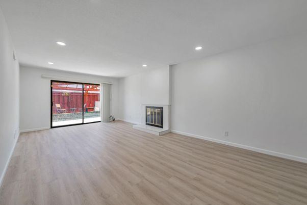 Empty room, Fireplace, Interior, Recessed Lighting, Wood Texture Flooring
