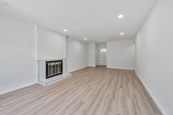 Empty room, Fireplace, Interior, Recessed Lighting, Wood Texture Flooring