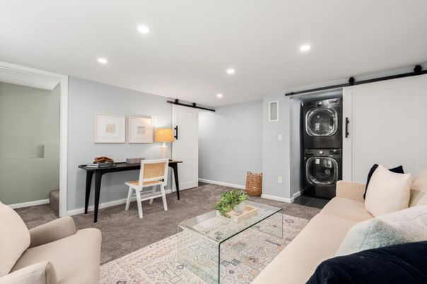 Home Office, Interior, Living room, Recessed Lighting, Utility Closets, Washer
