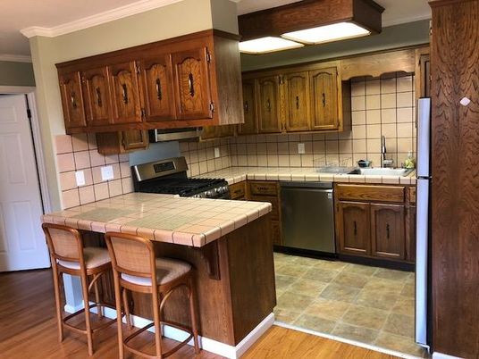 Interior, Kitchen, Tile Countertops, Wood Texture Flooring