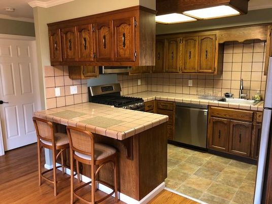 Interior, Kitchen, Tile Countertops, Wood Texture Flooring