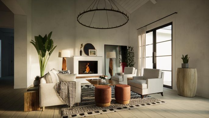 Fireplace, Interior, Living room, Pendant Lights, Wood Texture Flooring