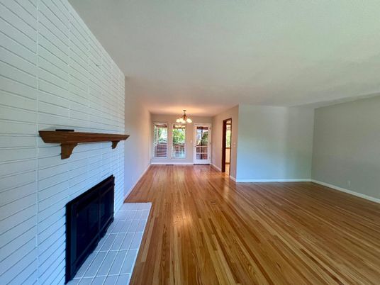 Chandelier, Empty room, Fireplace, Interior, Wood Texture Flooring