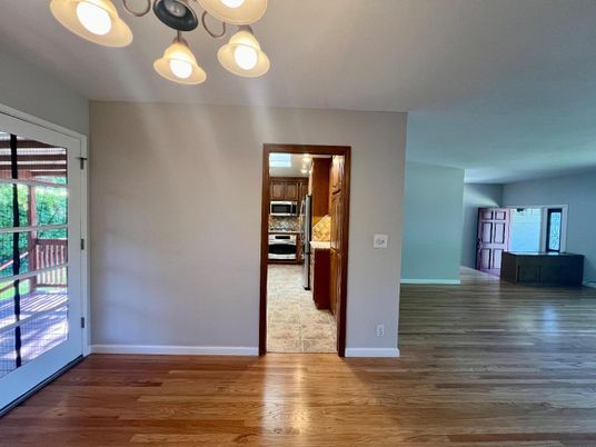 Empty room, Interior, Kitchen, Stainless Steel Appliances, Wood Texture Flooring