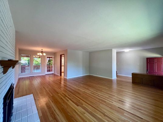 Chandelier, Empty room, Fireplace, Interior, Wood Texture Flooring