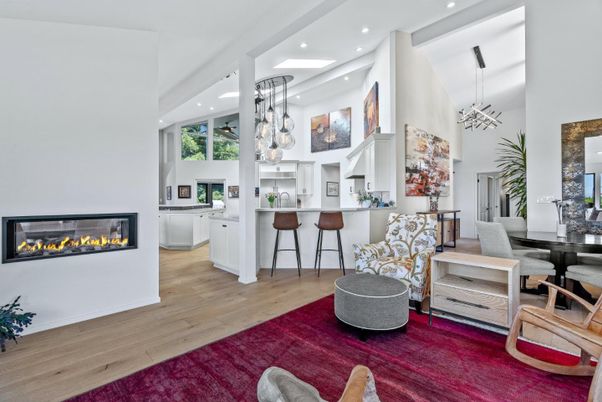 Dining room, Fireplace, Interior, Kitchen, Pendant Lights, Recessed Lighting, Wood Texture Flooring