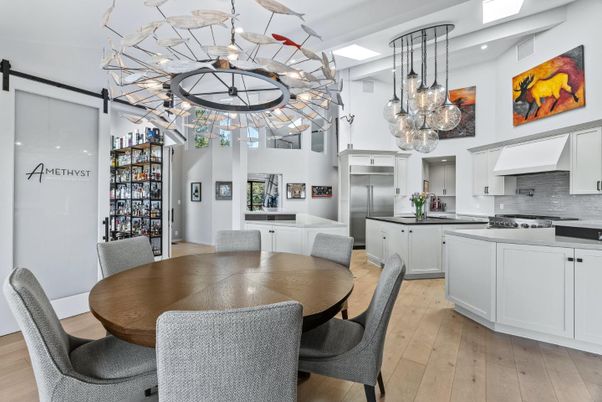 Dining room, Interior, Kitchen, Pendant Lights, Stainless Steel Appliances, Wood Texture Flooring