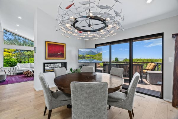 Dining room, Interior, Pendant Lights, Recessed Lighting, Wood Texture Flooring