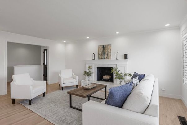 Fireplace, Interior, Living room, Recessed Lighting, Wood Texture Flooring