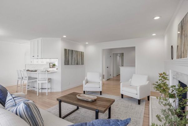 Fireplace, Interior, Kitchen, Living room, Recessed Lighting, Wood Texture Flooring
