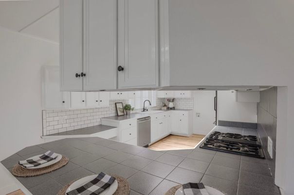 Interior, Kitchen, Tile Countertops, Wood Texture Flooring