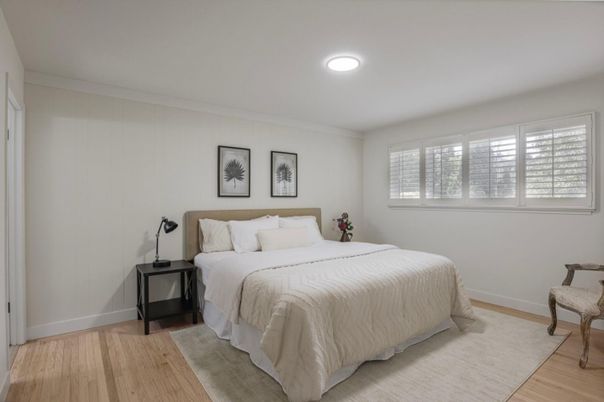 Bedroom, Interior, Recessed Lighting, Wood Texture Flooring