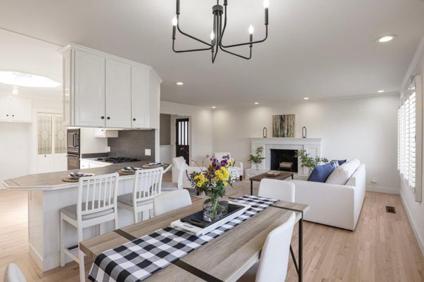 Chandelier, Fireplace, Interior, Kitchen, Living room, Recessed Lighting, Wood Texture Flooring