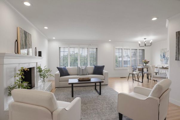 Chandelier, Dining room, Fireplace, Interior, Living room, Recessed Lighting, Wood Texture Flooring