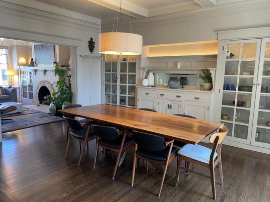 Dining room, Fireplace, Interior, Pendant Lights, Wood Texture Flooring