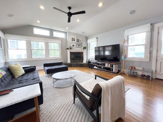 Fireplace, Interior, Living room, Recessed Lighting, Wood Texture Flooring